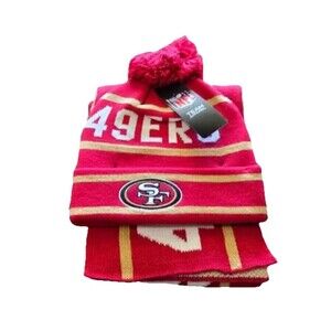 SF 49ers Red Gold Pom Beanie Scarf set San Fran Niners Football New NFL Hat